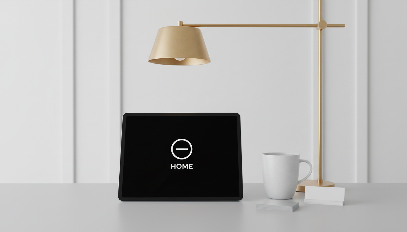 A premium digital product workspace scene featuring a high-resolution tablet with a crisp, minimalist home screen displayed, placed on an immaculate, soft-grey desk next to an elegant, matte ceramic mug and a tidy stack of unbranded business cards in silver and white. A geometric brass desk lamp arcs over the setup, emitting soft, diffused light that gently highlights the textures and subtle curves of the devices and accessories. The background is intentionally minimal, with just a hint of a structured white wall panel. Captured in photographic realism from a slightly elevated, centered angle, the composition is balanced and corporate, conveying a sense of innovative professionalism ideal for digital product promotion.