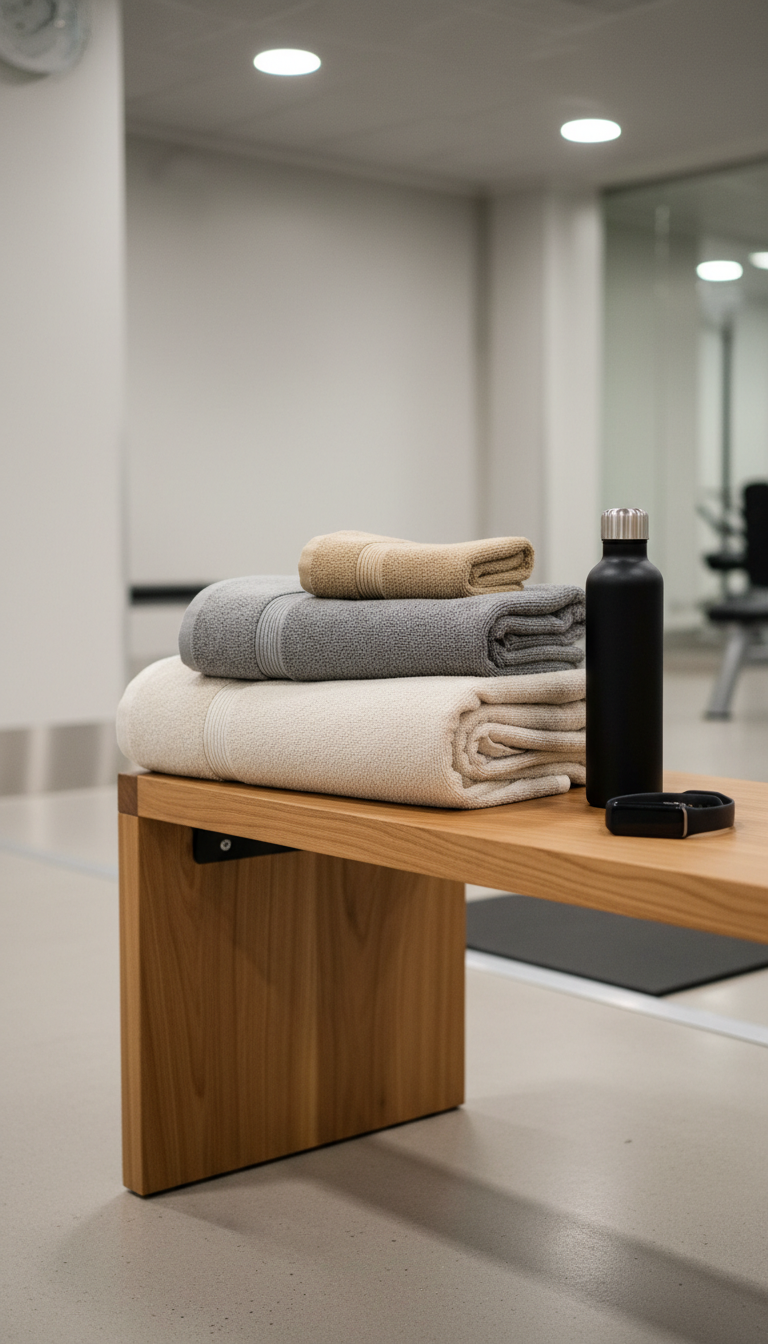 A set of neatly stacked, neutral-tone gym towels—light grey, heather charcoal, and ivory—atop a custom wooden bench with smooth, natural-grain finish. Adjacent to the stack, a matte black stainless steel water bottle and a minimalist digital fitness tracker rest side by side. The setting is a modern, private gym space with pale concrete flooring and subtle metallic accents. Overhead, discreet recessed lighting casts soft, even illumination, accentuating the textures of the towels and surfaces. Photographed from a slight side angle with precise focus, the image exudes a clean, disciplined atmosphere, evoking a commitment to fitness and self-improvement while adhering to a refined corporate photographic style.