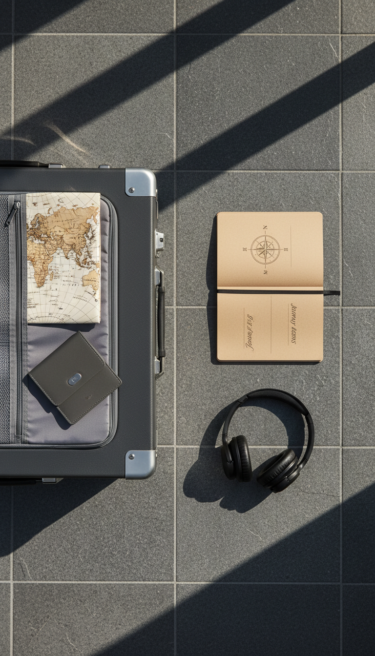 A sophisticated travel gear flat lay featuring a graphite-hued hard-shell suitcase with brushed aluminum corners, an open field notebook with a smooth, kraft-paper cover, and a pair of noise-cancelling headphones with a satin finish. All items are arranged methodically on a slate tile floor, with a folded map and minimalist passport holder peeking out from the suitcase’s pocket. Early morning natural light filters from one side, producing gentle highlights and geometric shadow patterns across the objects. The composition employs the rule of thirds, captured from a directly overhead perspective. The image conveys anticipation and readiness for adventure through a clean, photographic lens with structured, balanced visual hierarchy.