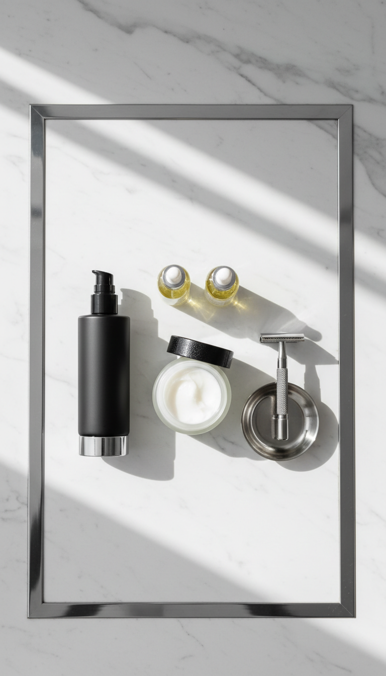 An array of premium men’s skincare products, including a frosted glass moisturizer jar, a matte black pump bottle, and a brushed-steel razor, arranged with careful symmetry on a smooth, cool marble countertop. The surface is immaculate, with mirrored chrome accents reflecting soft, natural window light. Subtle highlights and fine shadows enhance the clean form of each bottle and jar, producing an atmosphere that is fresh and invigorating. The image is framed from a top-down perspective with a shallow border of negative space, creating a crisp, editorial look. The photographic style is polished and luxurious, embodying masculine self-care in a balanced, structured setting.