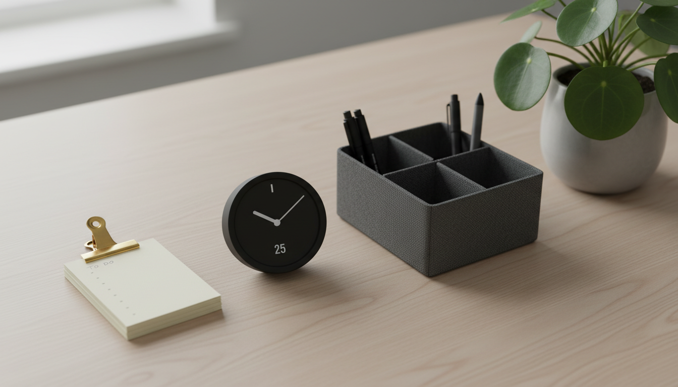A collection of carefully arranged ADHD productivity tools, including a matte black analog timer, a stack of smooth cream-colored index cards bound with a brass clip, and an understated charcoal-fabric desk organizer with crisp lines. All elements are set on an uncluttered, pale oak tabletop, with a single leafy green plant in a sleek concrete planter positioned near the edge for a touch of texture. Overcast window light provides soft, shadowless illumination, emphasizing clarity and focus. The image is framed at a slight angle from above, capturing sharp detail throughout. The atmosphere is focused and calm, blending organized simplicity with a modern, photographic corporate aesthetic, reflecting the self-improvement ethos of the site.